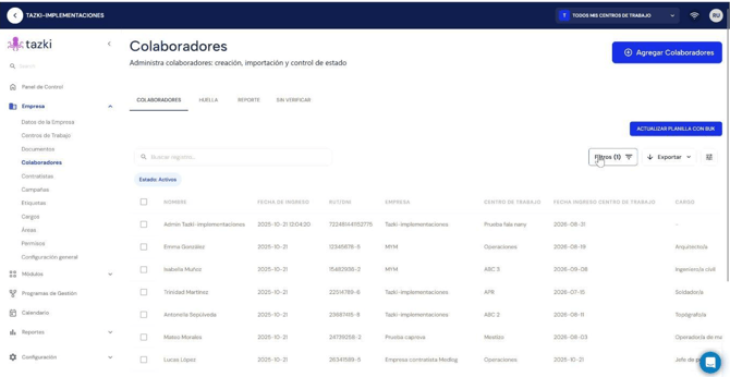 Botón Filtros en la pantalla de Colaboradores