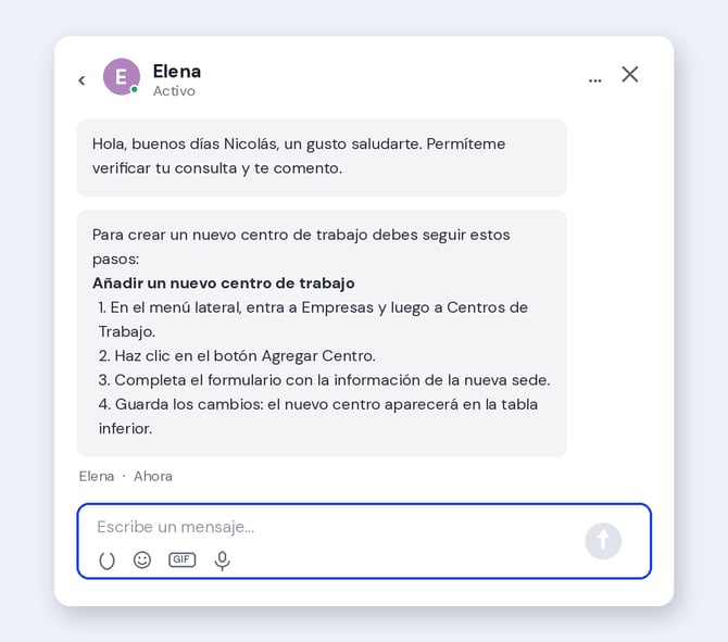 Chat de soporte dentro de la plataforma Tazki