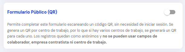 Opción Formulario público (QR) en Ajustes Avanzados