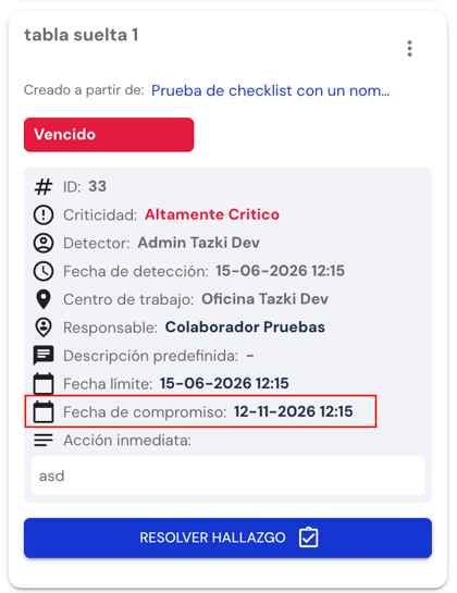 Detalle de un hallazgo vencido con la fecha límite y la nueva fecha de compromiso
