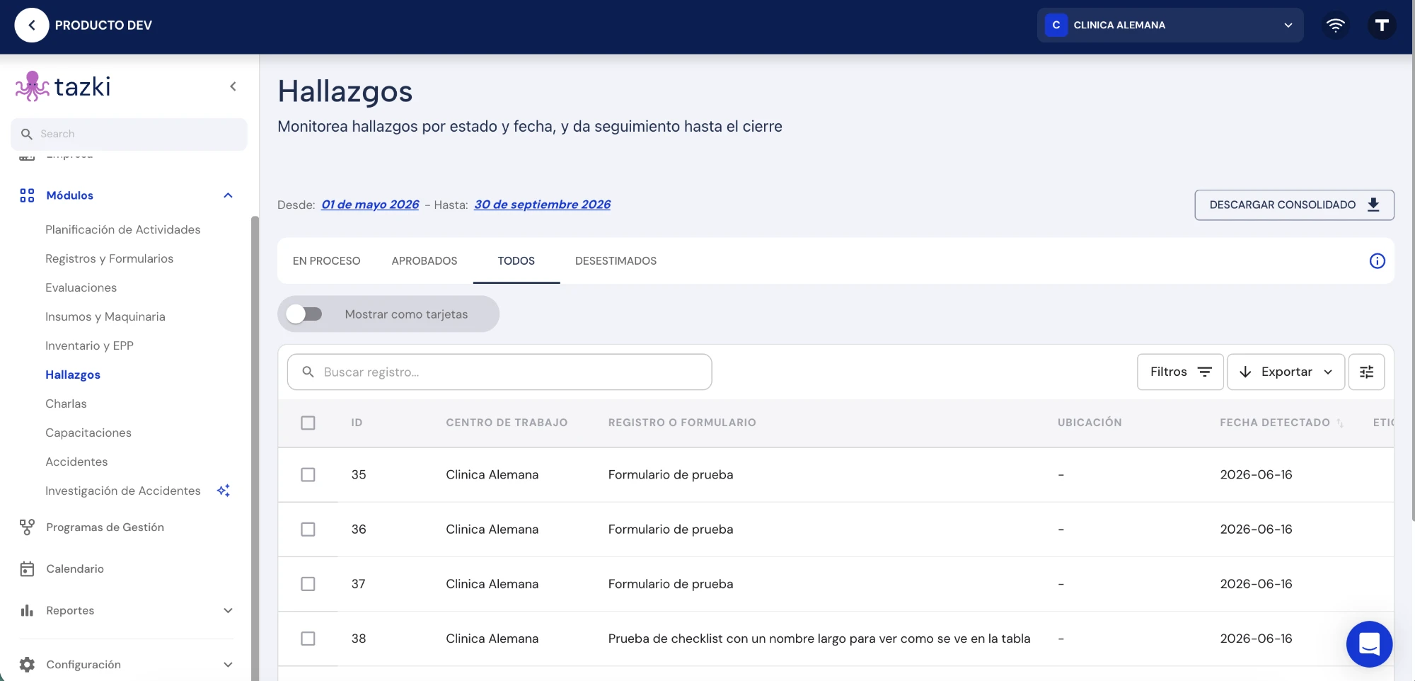 Tabla de Hallazgos con el nuevo diseño