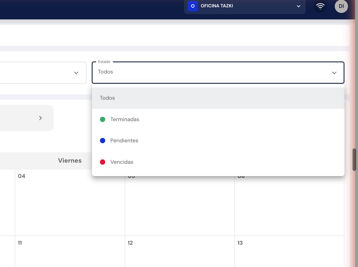 Filtro Estado del calendario de charlas con las opciones Terminadas, Pendientes y Vencidas
