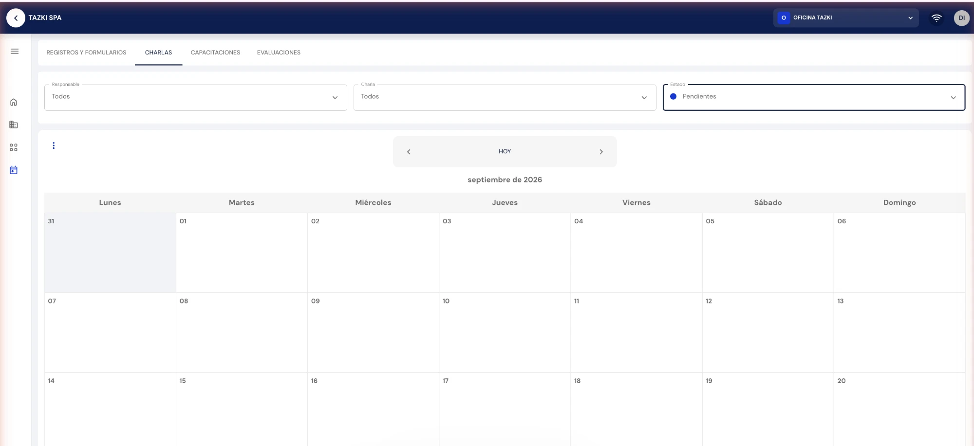 Calendario de charlas filtrado por Pendientes