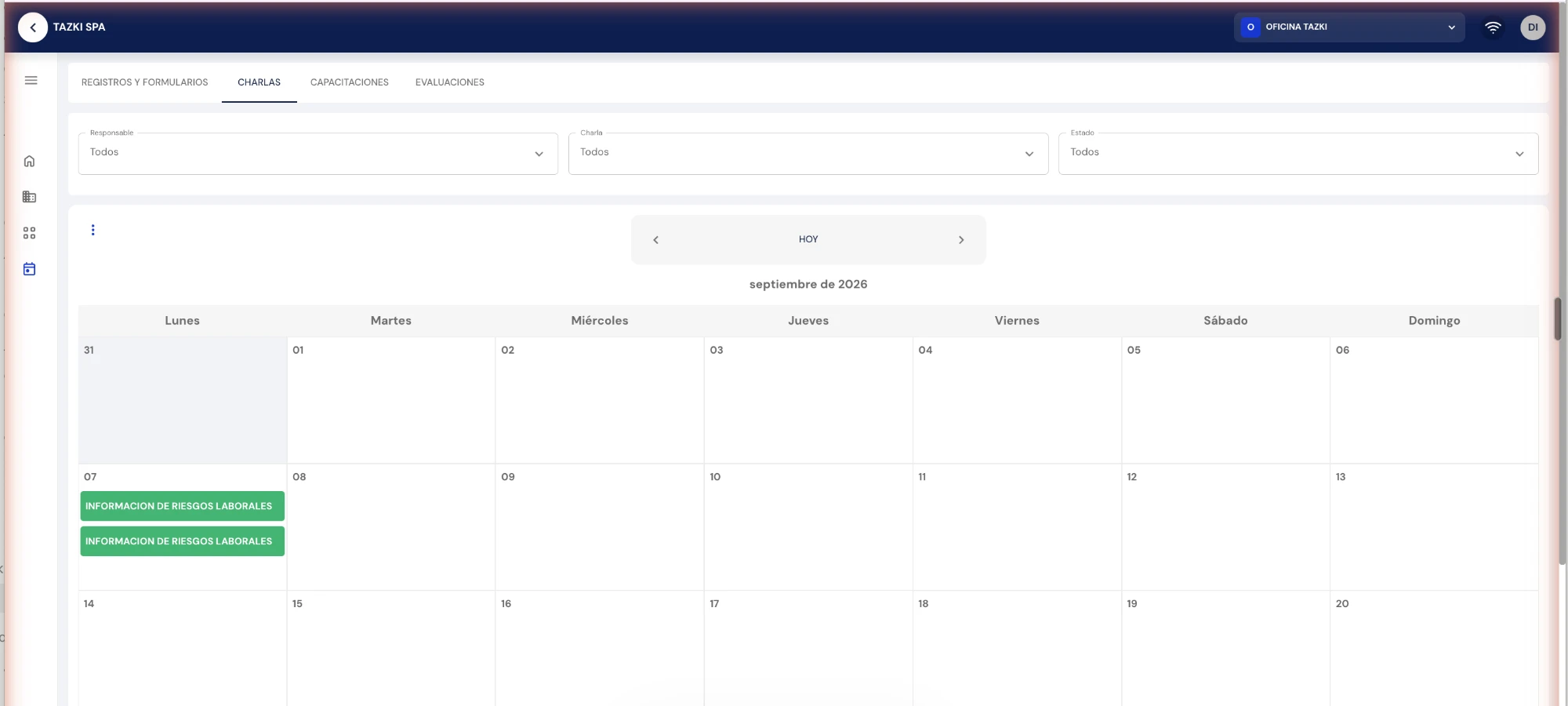 Calendario de Tazki, pestaña Charlas, vista mensual con dos charlas terminadas en verde