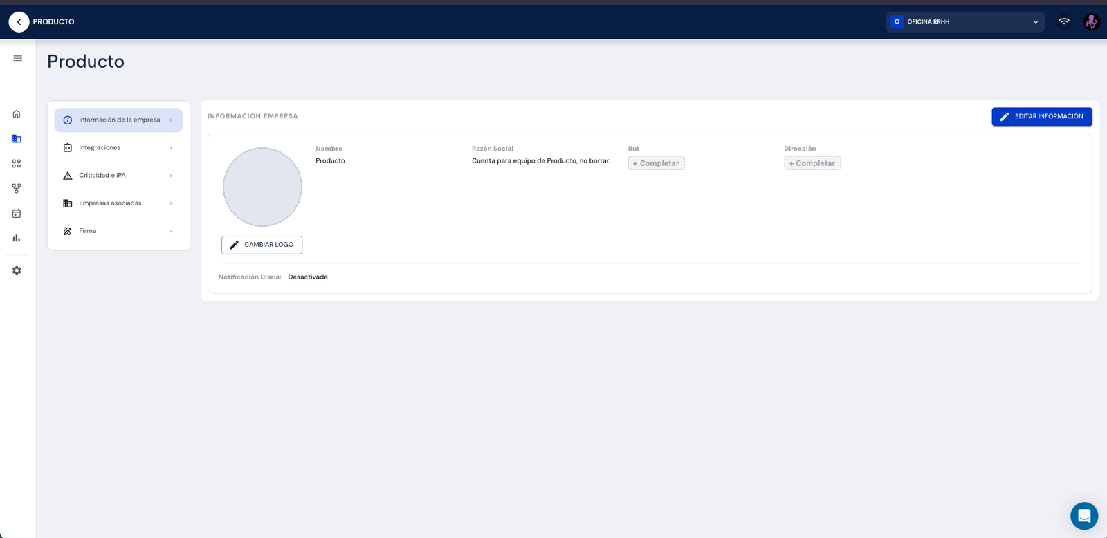 Nueva vista de Datos de la empresa con menú lateral y la tarjeta Información de la empresa
