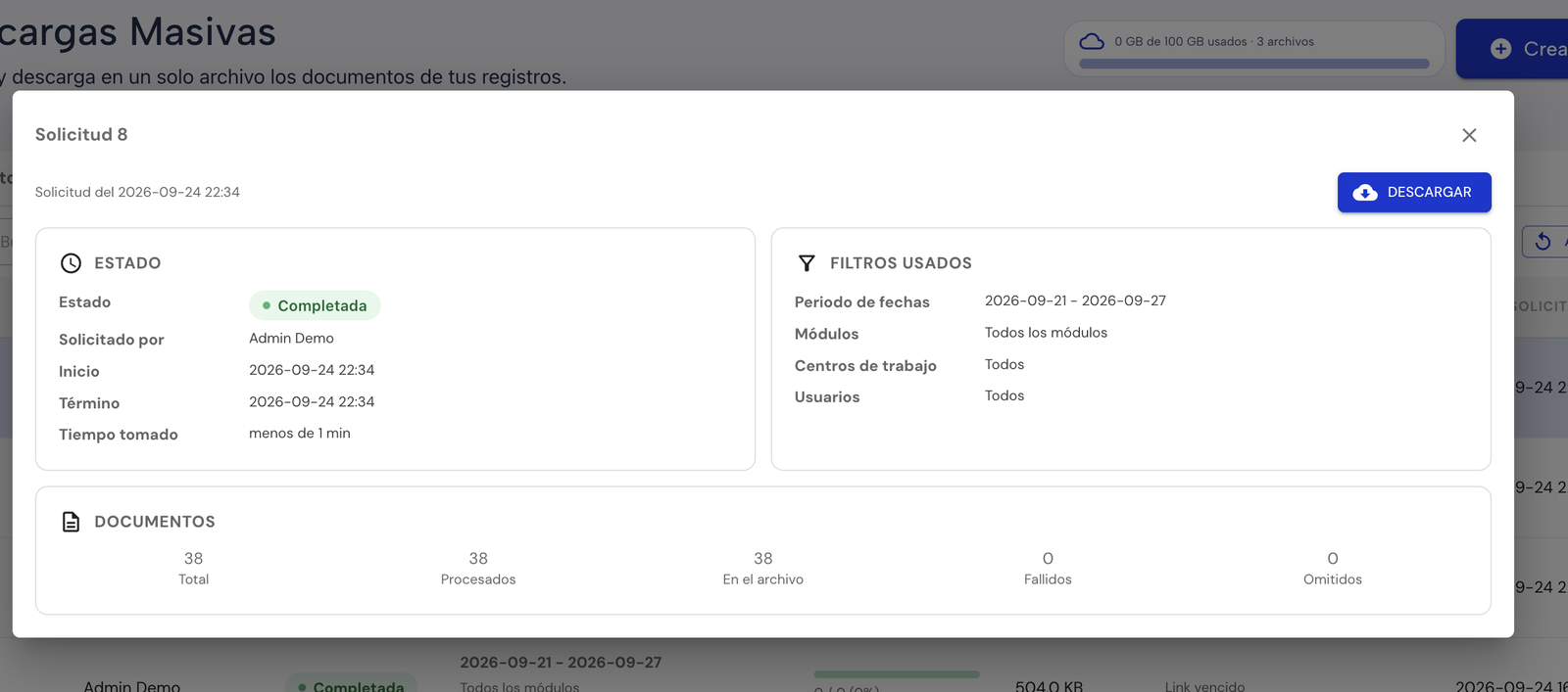 Detalle de una solicitud de descarga masiva con estado, filtros usados y documentos