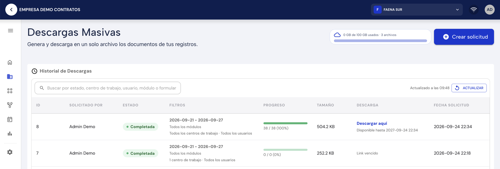 Historial de descargas masivas con estado, filtros, progreso y enlace de descarga