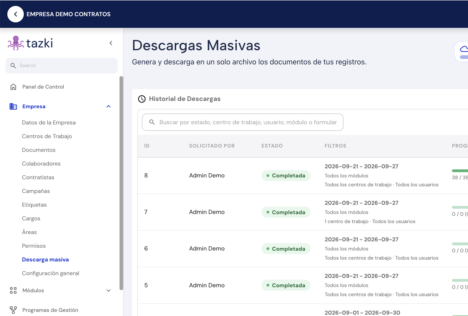 Descarga masiva en el menú Empresa de Tazki