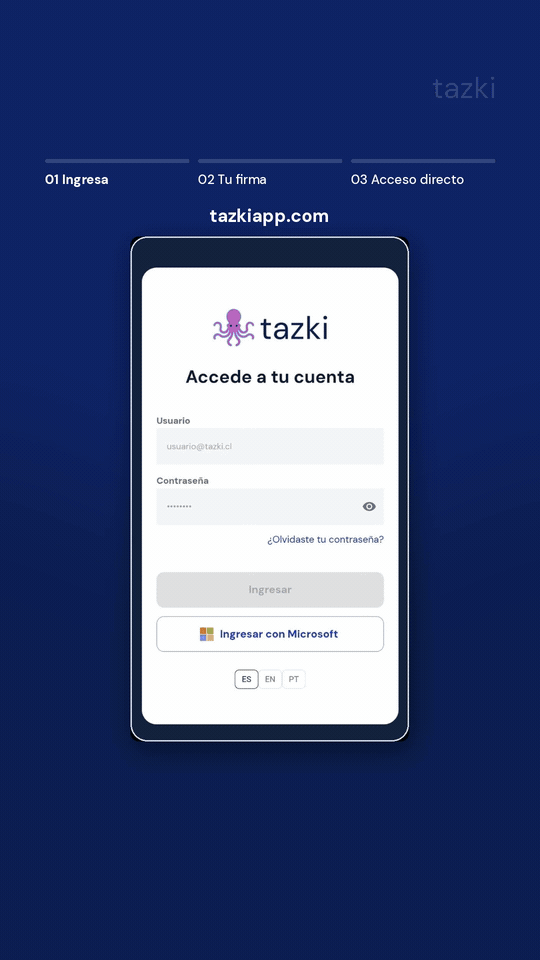 Paso 1: entrar a tazkiapp.com, escribir usuario y contraseña inicial y crear una contraseña nueva