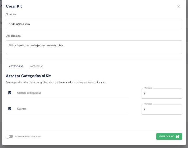 Pantalla Crear Kit en Tazki con las categorías abiertas Calzado de seguridad y Guantes marcadas