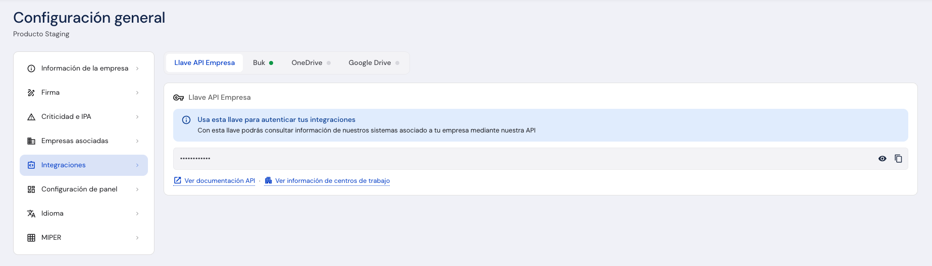 Sección Integraciones de Configuración general con una pestaña por integración