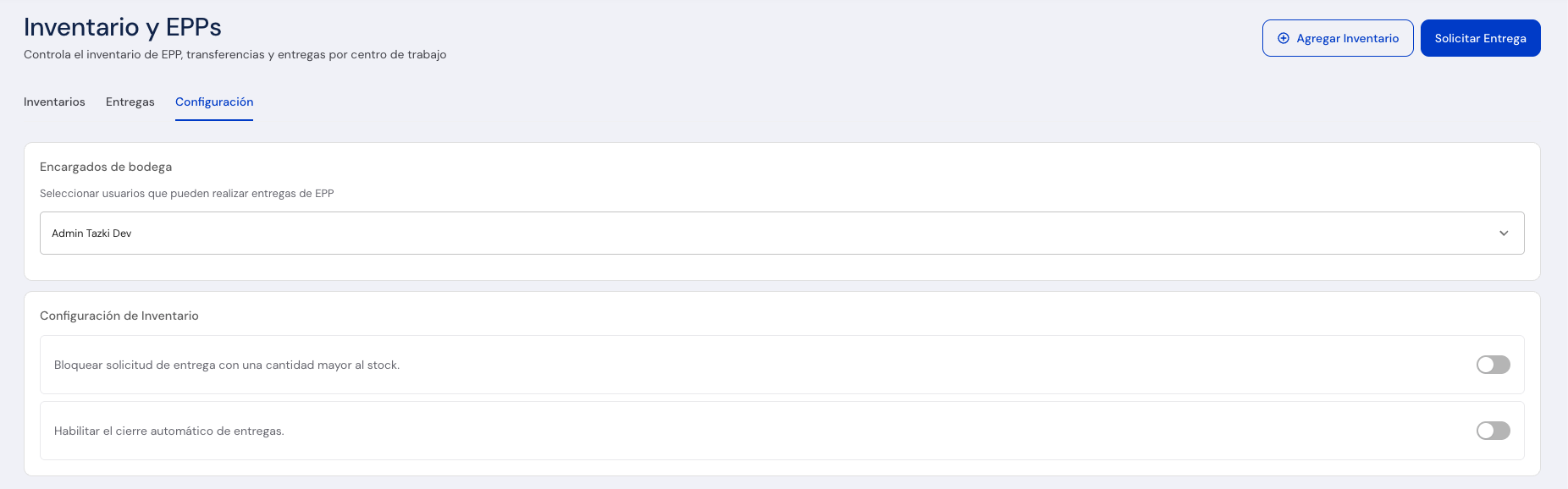 Pestaña Configuración del módulo Inventario y EPPs con los encargados de bodega y las dos reglas de entrega