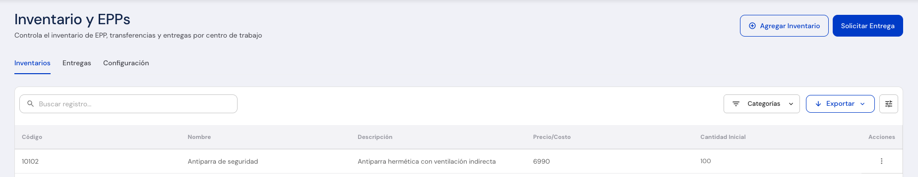 Encabezado del módulo Inventario y EPPs con los botones Agregar Inventario y Solicitar Entrega