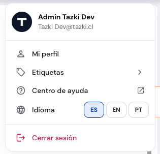 Nuevo menú de usuario de Tazki con Mi perfil, Etiquetas, Centro de ayuda, Idioma y Cerrar sesión