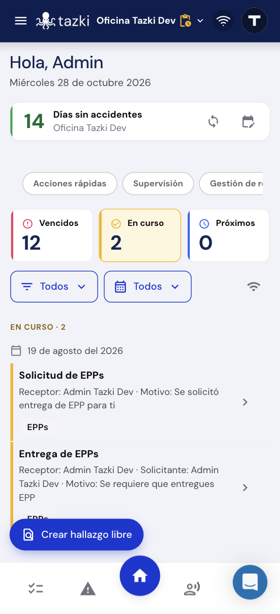 Panel de inicio en el celular, con las secciones como botones deslizables y los contadores de vencidos, en curso y próximos